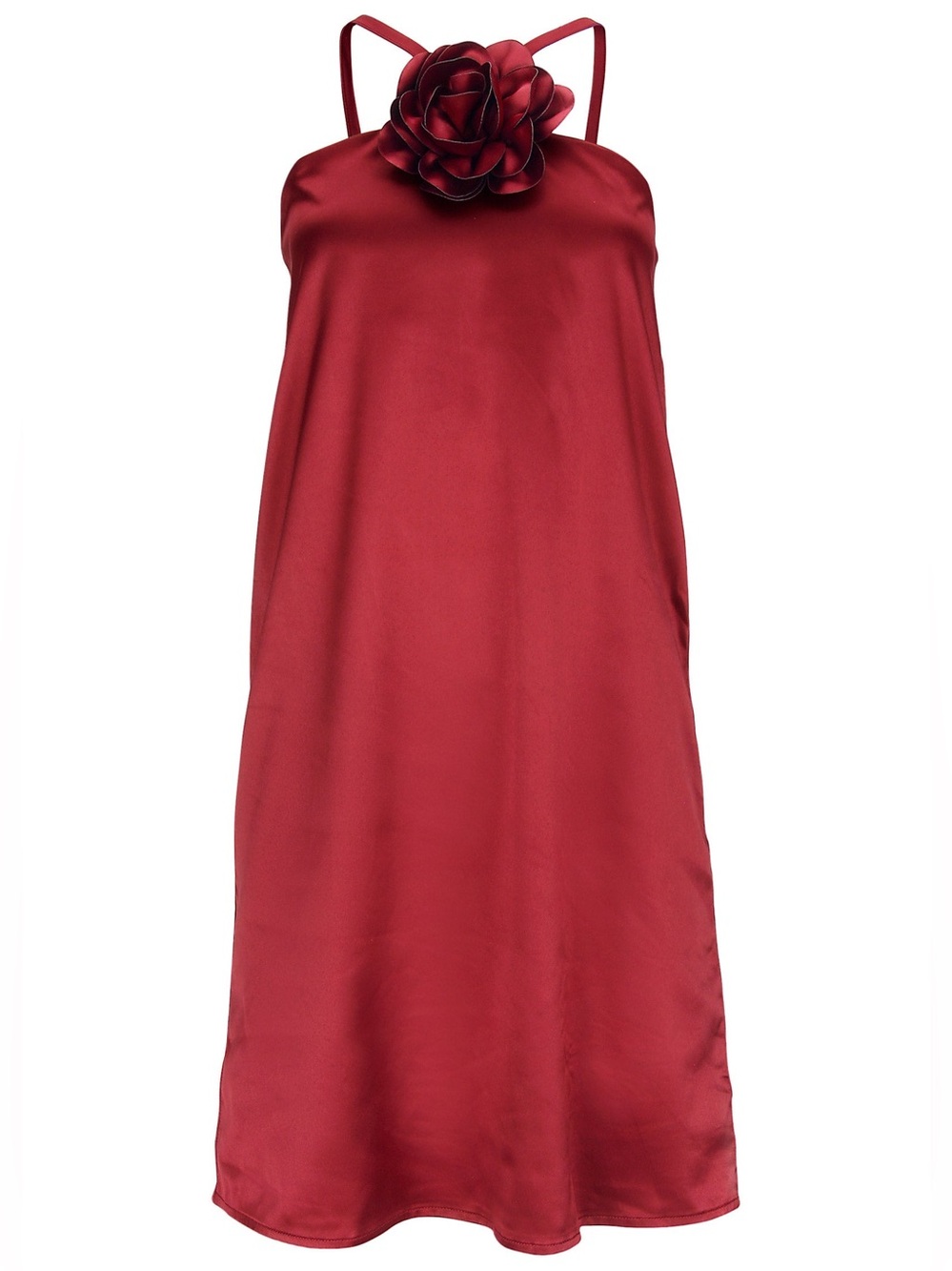 VENUS Burgundy Satin Mini Dress with Floral Neck Detail